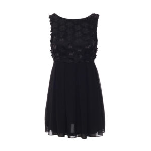 Black sleeveless dress with floral detailing on the bodice.