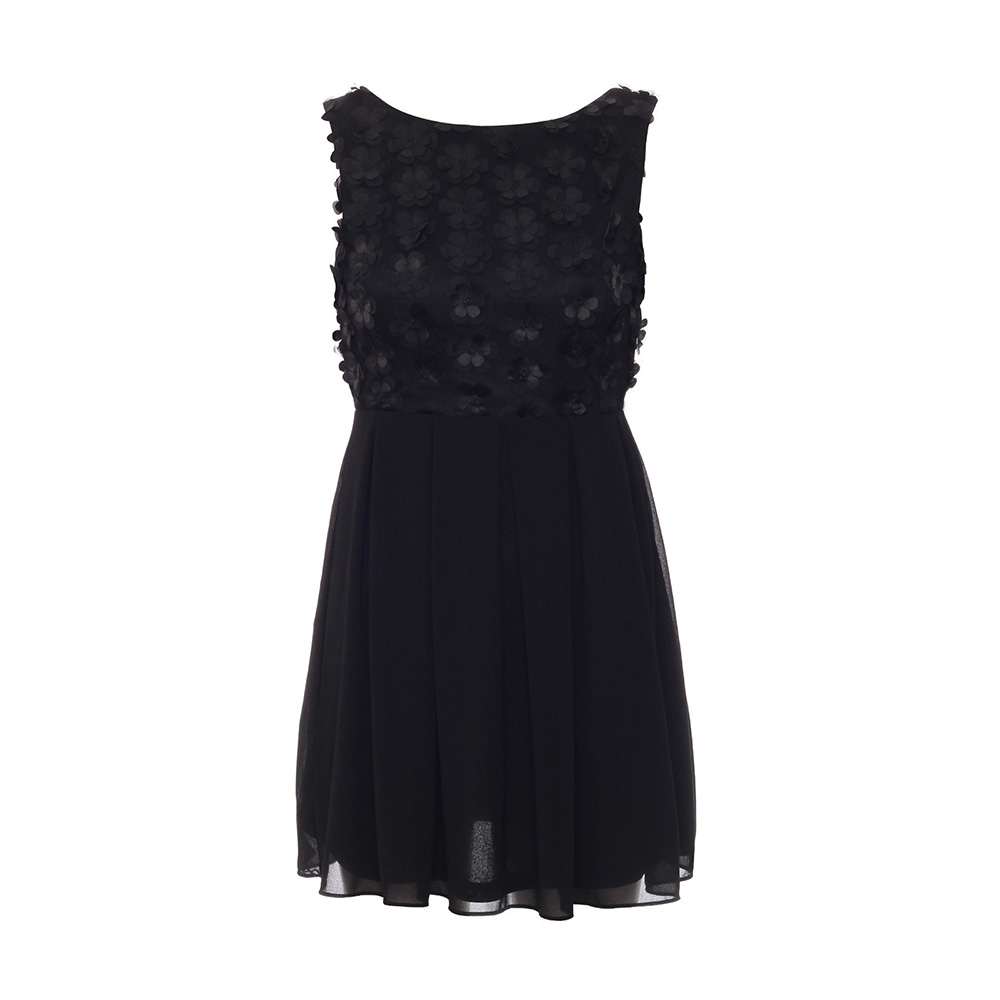 Black sleeveless dress with floral detailing on the bodice.