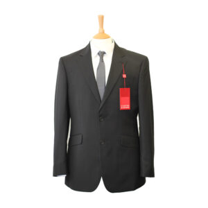 Elegant black suit jacket displayed on a mannequin with a white shirt and tie.