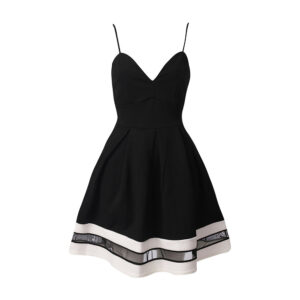Elegant black sleeveless dress with a V-neck and striped hem.