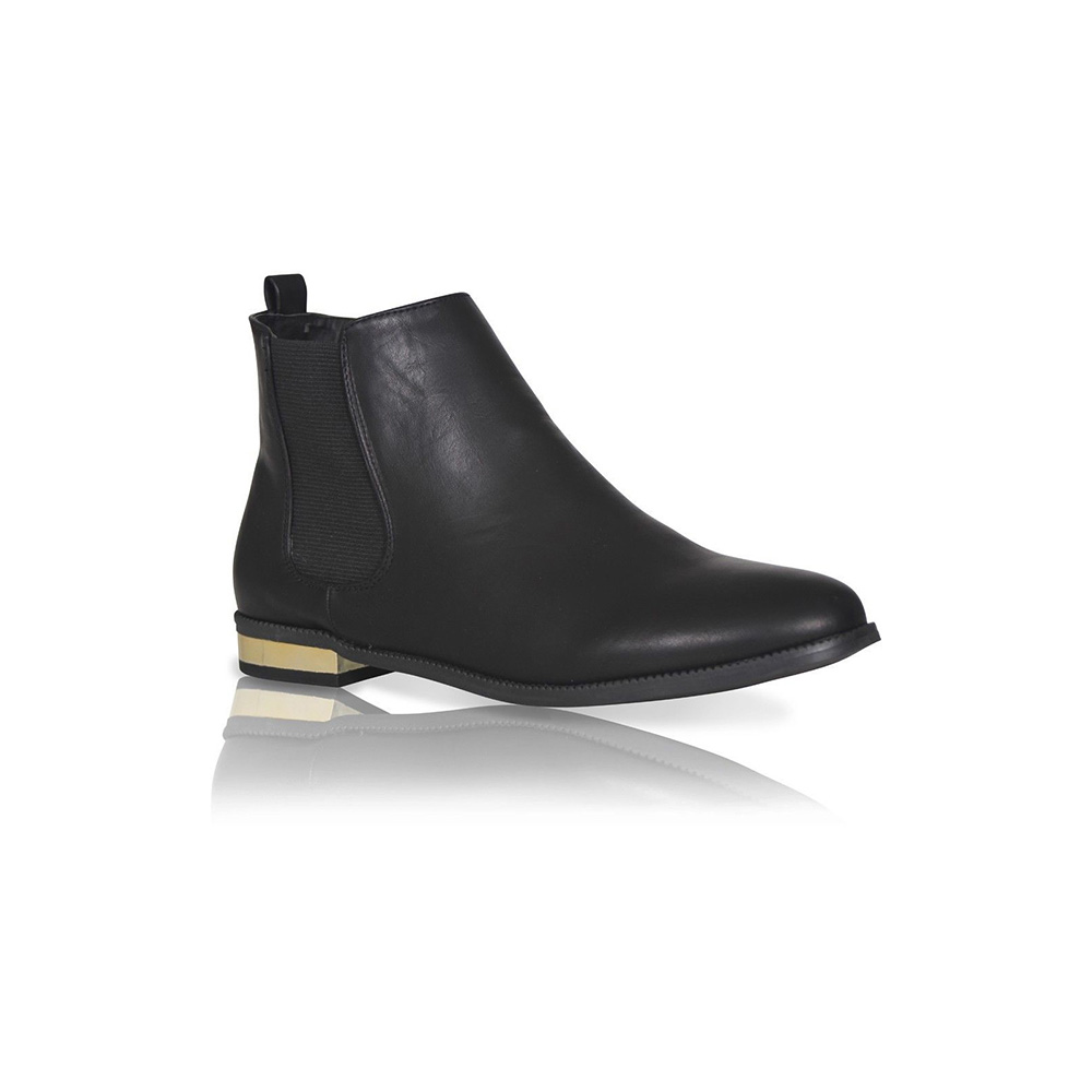 Sleek black leather ankle boot with gold-accented heel.