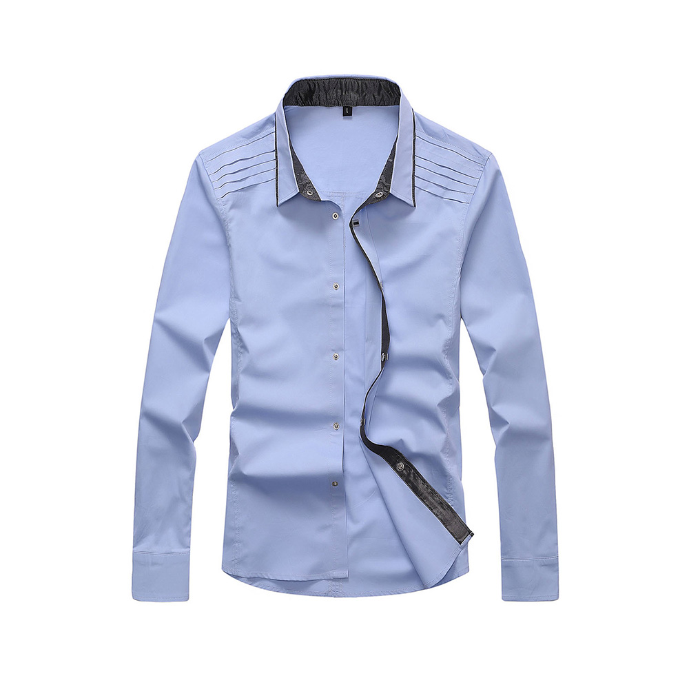 Light blue long-sleeve button-up shirt with a dark inner collar.