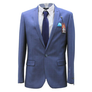 Blue men's suit with white shirt and navy tie.